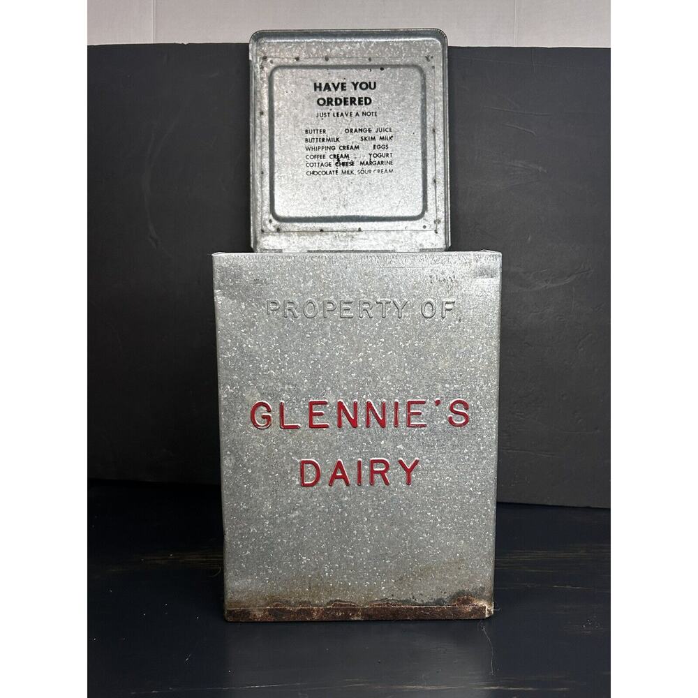 Vintage “ Glennie’s Dairy” Embossed Galvanized Dairy Box, Porch , Farm House .